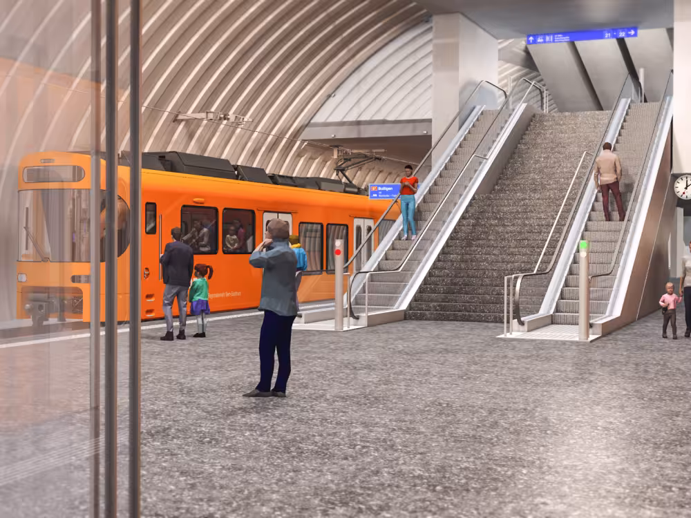 Perron neuer RBS-Bahnhof mit Treppenaufgang, ©RBS, Visualisierung ikonaut