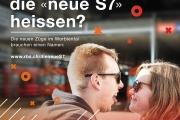 Kampagnen-Sujet «Die neue S7»: ein junges Pärchen lächelt sich am Bahnhof Worb an
