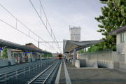 Links das bestehende Bahnhofgebäude, rechts das neue Aussenperron mit zwei Aufgängen, einem Wartehäuschen, einer Sichtschutzwand zum Bubenbergquartier hin und einem neuen Perrondach mit integrierter Photovoltaikanlage. 