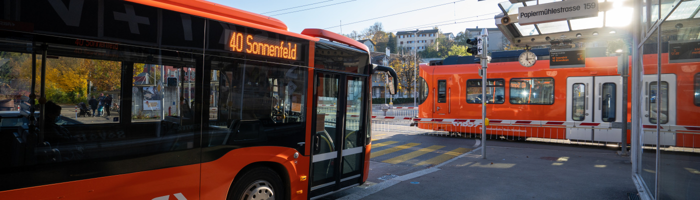 Bus und Zug in Papiermühle