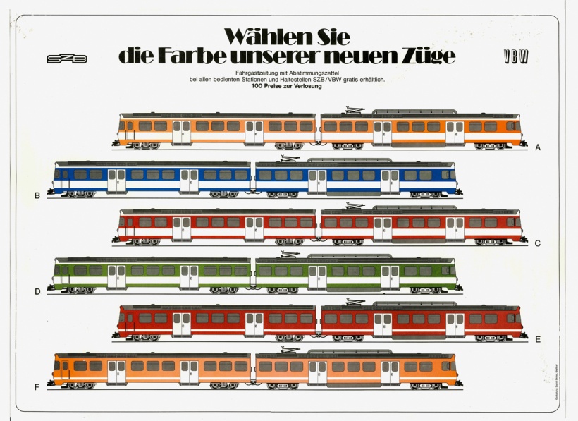 "Wählen Sie die Farbe unserer neuen Züge" - Abstimmungsplakat von SZB/VBW (RBS) 1972