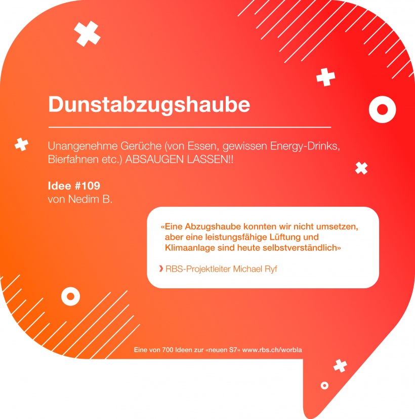 Eine Ideen-Sprechblase mit dem Text: Dunstabzugshaube unangenehme gerüche (von Essen, gewissen Energy-Drinks, Bierfahnen etc.) ABSAUGEN LASSEN!! Idee #109 von Nedim B. Antwort: "Eine Abzugshaube konnten wir nicht umsetzen, aber eine leistungsfähige Lüftung und Klimaanlage sind heute selbstverständlich." RBS-Projektleiter Michael Ryf