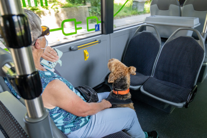 Fahrgast mit Hund im e-Bus